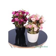 Yapay Çiçek Sitesi Plastik Saksıda Yapay Çalı Gülü Tanzimi 2'li Set 30 Cm Fuşya Mor - Somon Pembe