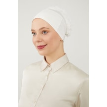 Melodi Scarf Kadın Tesettür Sihirli Yapışkanlı Kaymayan Fırfırlı Dolgulu Topuz Bone Ekru Ekru