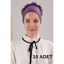 Melodi Scarf Kadın Tesettür 10'lu Fırfırlı Dikişli Bone Mor Mor