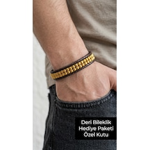 Aurex Gilded Deri Bileklik Altın Ton Boncuklu Örgü Erkek Aksesuarı Çok Renkli