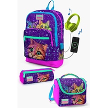 Coral High Kids Mor Pembe Kedi Desenli Usb'li 3 Lü Okul Çanta Seti Set0123832