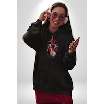 Kırmızı Beyaz Kalp Toplar Damar Kadın Erkek Siyah Kapüşonlu Sweatshirt Hoodie Siyah