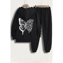 Uyguntarz Unisex Drawing Butterflies Sırt Baskılı Eşofman Takımı Siyah