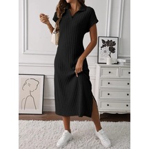 Kadın Kısa Kollu Yakalı Yandan Yırtmaçlı Kalın Fitilli Kaşkorse Elbise Siyah