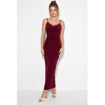 Shade Kadın İnce Askılı Dantel Detaylı V Yaka Vücuda Oturan Maxi Elbise 2338 60286243 - Bordo