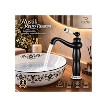 Rena Design Rustik Siyah Çanak Lavabo Bataryası Banyo Yüksek Musluk Porselen Işleme Armatür Otantik Retro