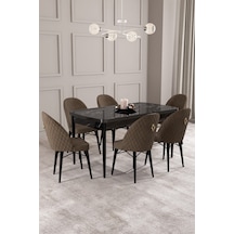 Calvin Siyah Mermer Desen 80x132 Mdf Açılabilir Mutfak Masası Takımı 6 Adet Sandalye Kahverengi