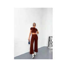 Kadın Modal Yumuşak Kumaş Crop Üst İspanyol Paça Pantolon İkili Takım - Kahverengi