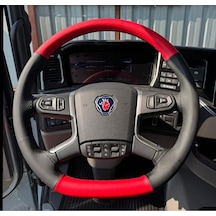 Dikişli Direksiyon Kılıfı Siyah Deri Kırmızı Deri Siyah Dikişli Scania Fotodaki Tır Kamyon İçin Renkli