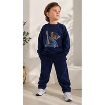 Mila Mood Erkek Çocuk Lacivert Ayıcık Baskılı Eşofman Takımı Sweatshirt Bol Paça Pantolon 2'li Takım