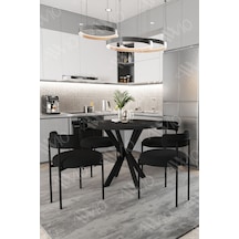 Avvio Larissa Teddy Sandalye 90x90 Yuvarlak Yemek Masası Mutfak Masası 4 Kişilik Masa Sandalye Takımı Siyah Mermer