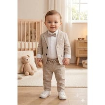 Baby Kids Colors Flamlı Keten Salaş Ceketli Takım Elbise/gömlek Pantolon Ceket Papyon Ay Grubu Zıbınlı Gri