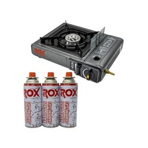 Rox Camping 0103 Tekli Portatif Kamp Ocak Rüzgarlıklı Ekstra Gaz Girişli - 3 Adet Rox Valfli Kamp Gazı Kartuş 227gr Hediyeli Antrasit