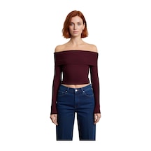 Ersefa Stil Kadın Kısa Esnek Bluz Crop Örme Slim Kalıp bordo