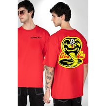 Cobra Kai Karete Çocuk Yılan Logo Dizi Kırmızı Oversize Unisex Ön Ve Sırt Baskılı Tişört Kırmızı