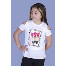 Toontoy Kids Toontoy Kız Çocuk Baskılı Bisiklet Yaka Kısa Kollu Tişört - Omuzları Açık Beyaz