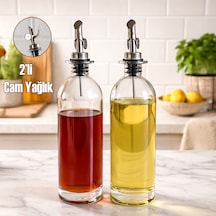 Porsima 3890-1 Gümüş Sızdırmaz Kapaklı Cam 2 Li Yağlık Sirkelik Yağdanlık Seti 500+500 Ml Şeffaf- Gümüş