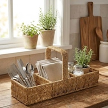 Buffer 3 Bölmeli Hasır Sepet Organizer Saplı, Mutfak Banyo Ofis Çok Amaçlı Düzenleyici, Plastik Rattan Kaşıklık Sepeti, 40x13x17 Cm Aahşap