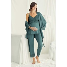 Monamise 18523 Kadın Yesıl Hamile Lohusa Sabahlıklı Emzirme Özellikli Pijama Takımı