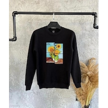 Siyah Oversize Tasarım Baskılı Kapşonsuz 0 Yaka Pamuklu Unisex Sweatshirt Siyah