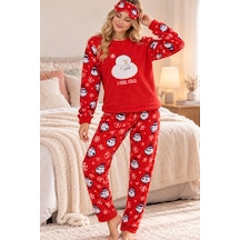 Free Beka Yılbaşı Desenli Kalın Sıcak Tutan Kumaş Kadın Pijama Takımı Ve Göz Bnadı Kırmızı
