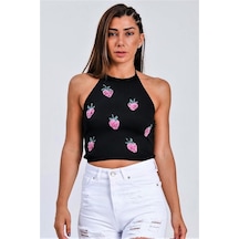 Genel Siyah Çilek Kabartma Baskı Boyundan Bağlamalı Crop Örme Bluz