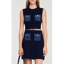 Defymoda Kadın Sıfır Kol Bluz Ve Mini Etek, Cep Detay Triko Takım Lacivert