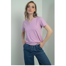 By Saygı Kadın V Yaka Yırtmaçlı Kısa Kol Bluz-40793 LILA