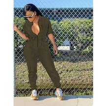Mengtuo Kadın Stil Düz Renk Yaka Fermuarlı Bel Uzun Çift Cepli Geniş Tulum Askeri Yeşil