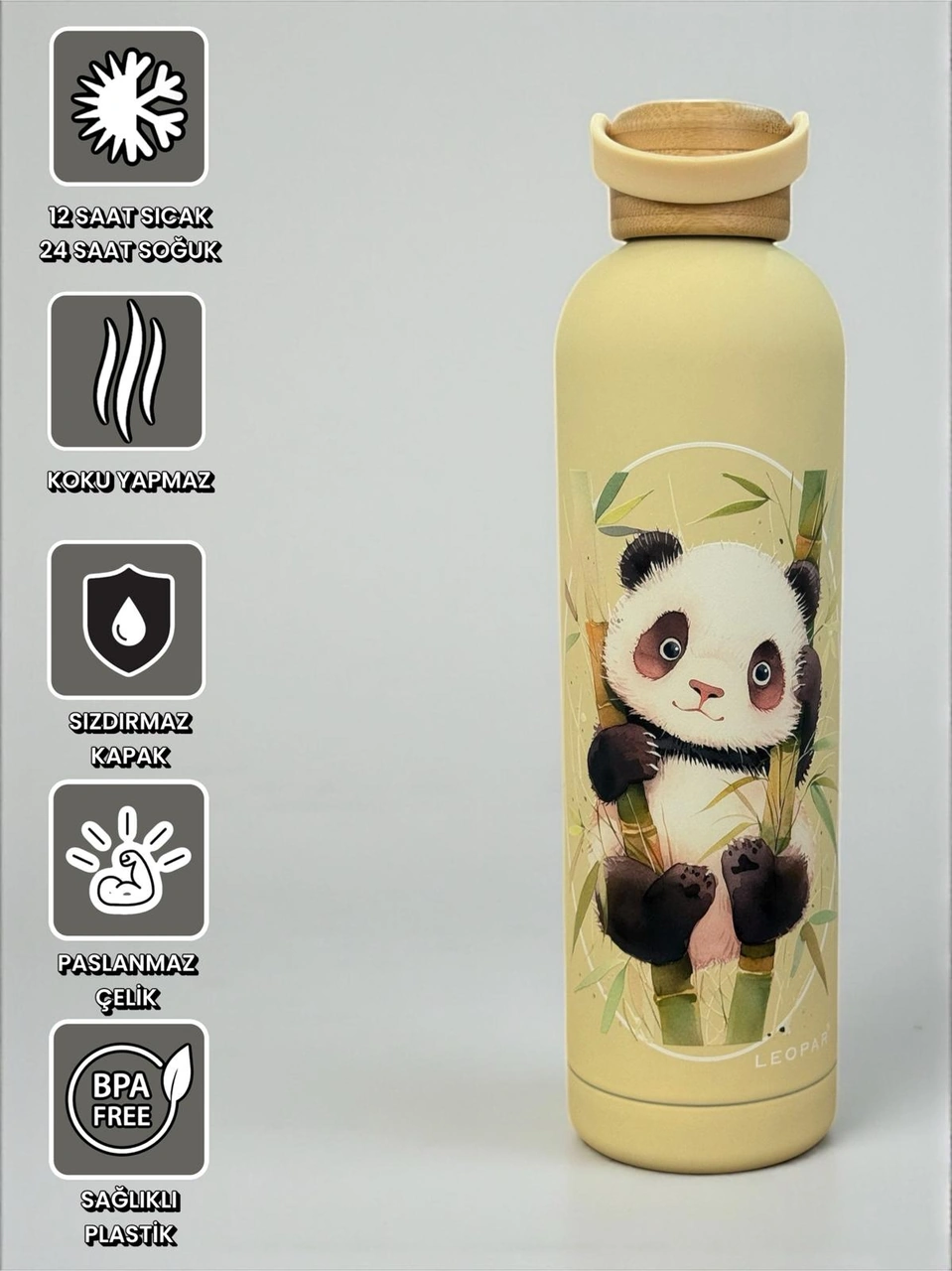 Bambu Kapaklı Krem Renk Panda Figürlü 500 Ml Paslanmaz Çelik Termos Krem