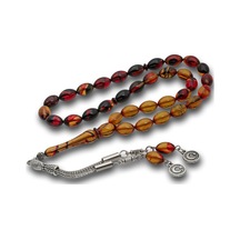 Metal Püsküllü Bordo Amber Sıkma Kehribar Tesbih
