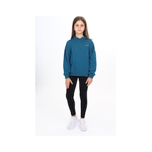 Toontoy Kids Toontoy Kız Çocuk 2'li Takım Baskılı Kapüşonlu Düşük Omuz Sweatshirt & Basic Düz Tayt Petrol Mavi