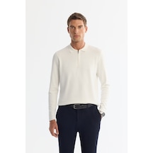 Avva Erkek Ekru Fermuarlı Polo Yaka Rayon Tüylenmeyen Regular Fit Triko Kazak A42y5009