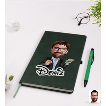 Kişiye Özel Erkek Milyoner Karikatürlü Yeşil Termo Deri Defter Ka