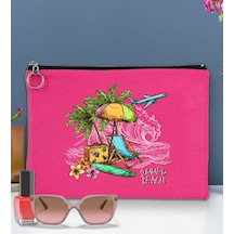 Bk Gift Yaz Temalı-9 Astarlı Fuşya Portföy Çanta 30x21cm, Baskılı El Çantası, Organizer Çanta Çok Renkli