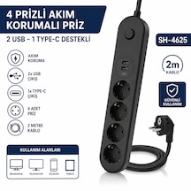 Sh-4625 4 Lü Topraklı Akım Korumalı Çoklu Priz 2 Usb 1 Type-c Çıkışlı 2 Metre Kablolu Anahtarlı Grup Priz Uzatma Kablosu 2 M