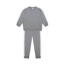 Antebies Organik Gri Beyaz Kontrast Lastikli Bağcıklı Uzun Kollu Kız Çocuk Sweatshirt Eşofman Takımı