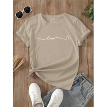 Unisex Pamuklu Love Kalp Ön Baskılı Tasarım Tshirt Bej