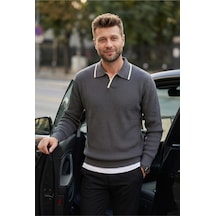 Kamalı Erkek Oversize Selanik Örgü Polo Yaka Triko Kazak Gri
