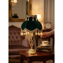 Hürrem Yeşili Kadife Gold İşlemeli Başlık Metal Gold Renk Ayaklı Klasik Vintage Abajur 50x30cm Yeşil