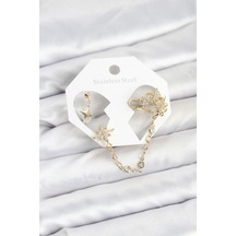 Kutup Yıldızı Model Pirinç Renk Zincir Bağlantılı Ear Cuff Küpe Seti Diğer