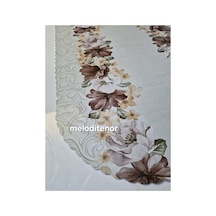 Astarlı Pastel Kahverengi Krem Çiçekli Yollu Amerikan Servis Runner Desen Oval Pvc Muşamba Masa Örtüsğ Beyaz