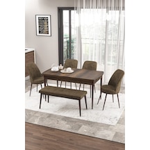 Canisa Concept Zen Serisi 80x132 Mdf Açılabilir Barok Ahşap Desen Masa Takımı 4 Kahverengi Sandalye Ve 1 Bench Masa Barok Sandalyeler Kahverengi