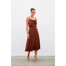 Sateen Midi Boy Saten Kumaş Etek Kahverengi Kiremit