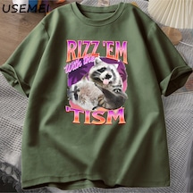 Flood Of Style Rizz Em Tism İle Retro Tişört Adam Komik Rakun Grafik T-shirt Unisex Opossum T Shirt Kadın Er Yeşil