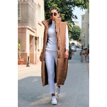 Keyifli Moda Kadın Kahverengi Dik Yaka Şerit Detaylı Cepli Uzun Şişme Yelek
