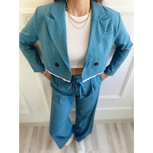 Kadın Çizgili Eteği Mavi Garnili Ceket