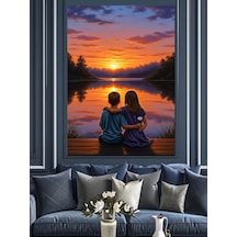 Ahşap Tablo Gün Batımında Romantik Çocuk Çift
