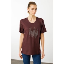 Desen Kadın Sıfır Yaka Taş Baskılı Penye T-shirt