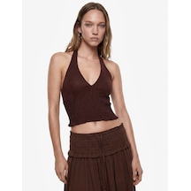 Koton Keten Karışımlı Halter Yaka Boyundan Bağlamalı Gipeli Crop Top Kahverengi 6sal30008ıw Kahve